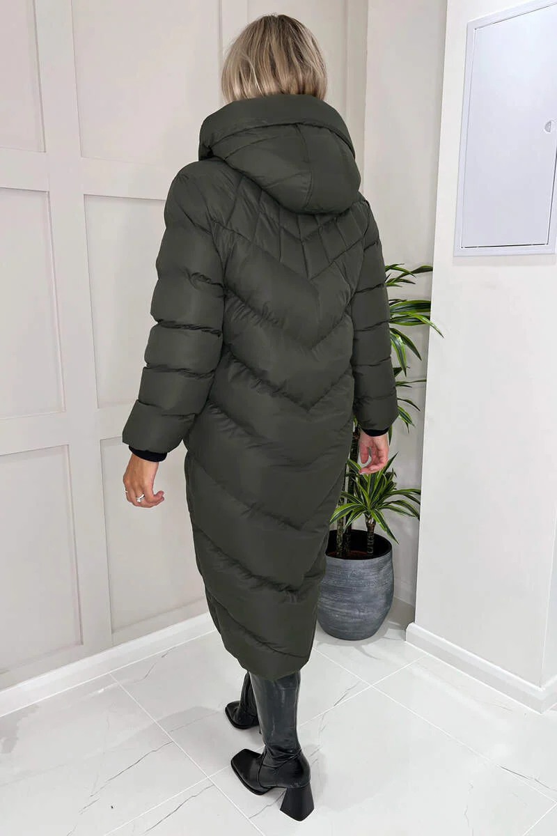 Khaki Hooded Puffer Coat with Zip Front Pockets - Swimclubus