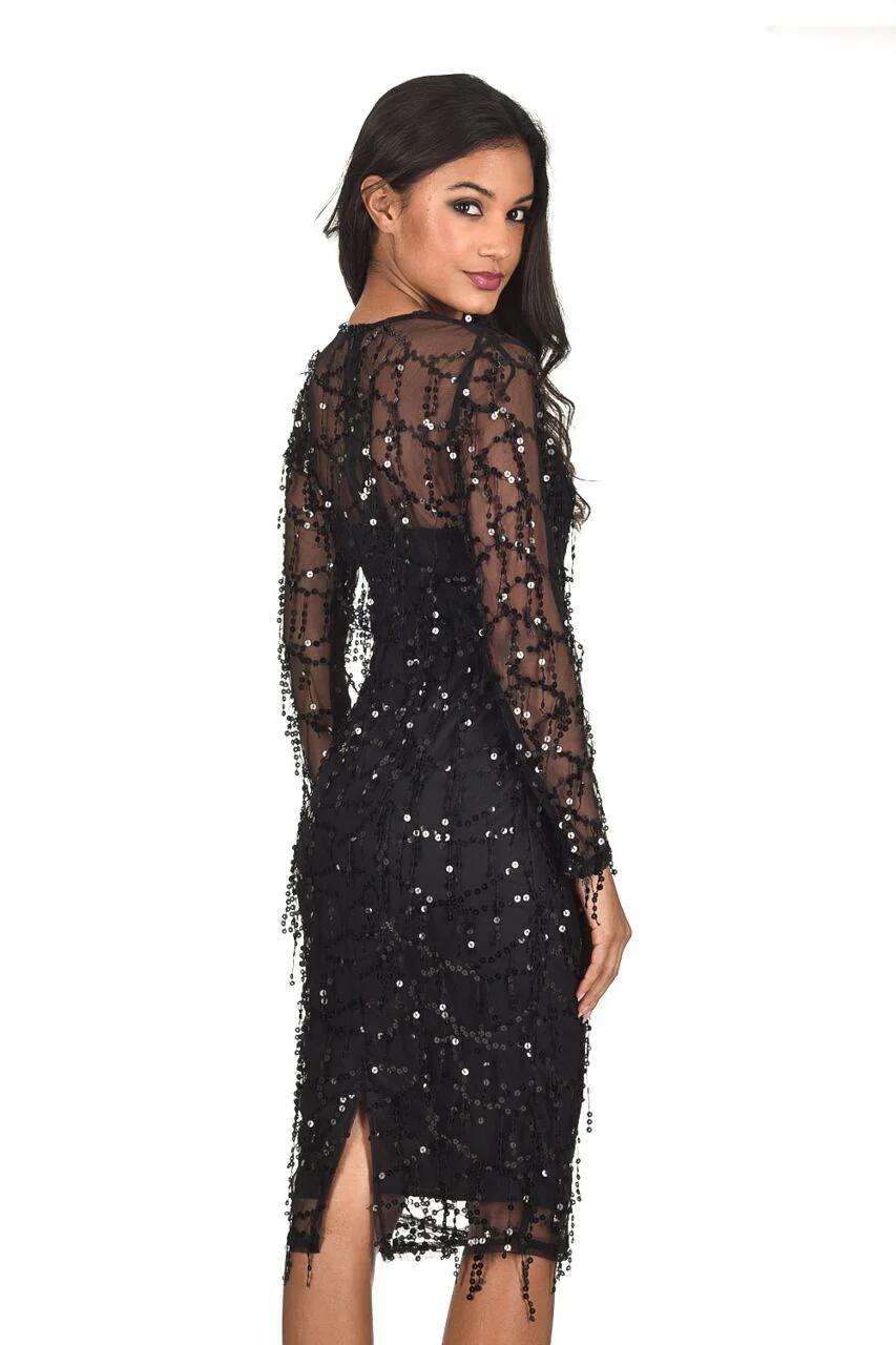 Black 3/4 Sleeve Sequin Dress - Swimclubus