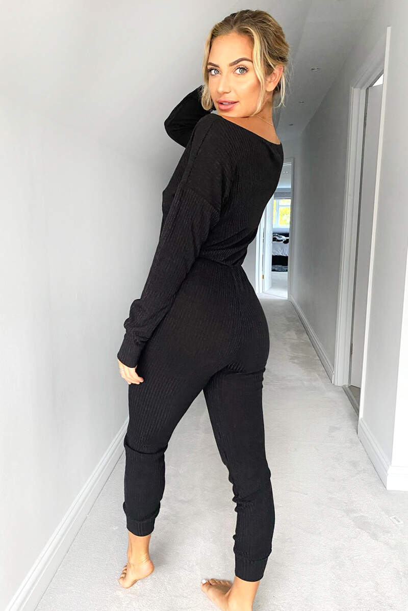 Black Knitted Long Sleeve Jumpsuit - Swimclubus