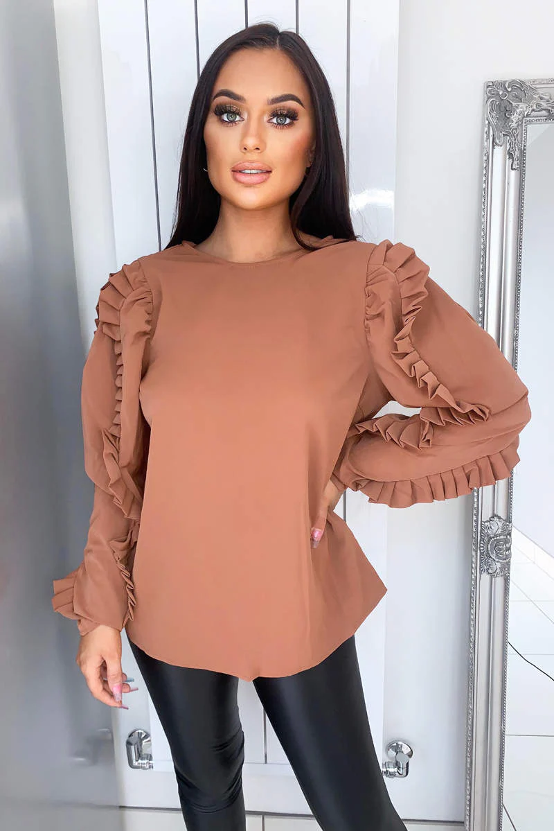Camel Pleated Long Sleeve Top - Swimclubus