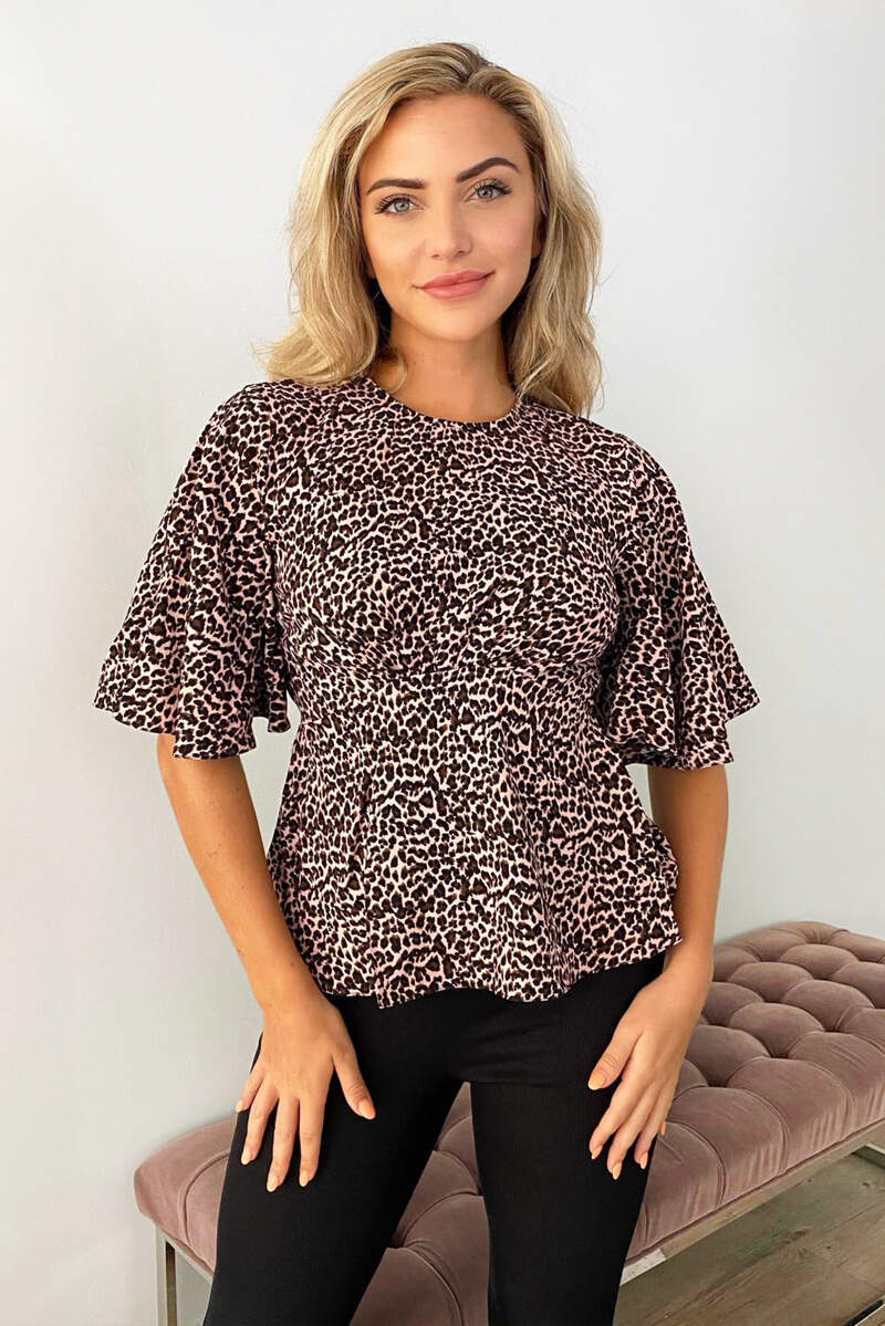 Pink Leopard Print Flared Blouse - Swimclubus