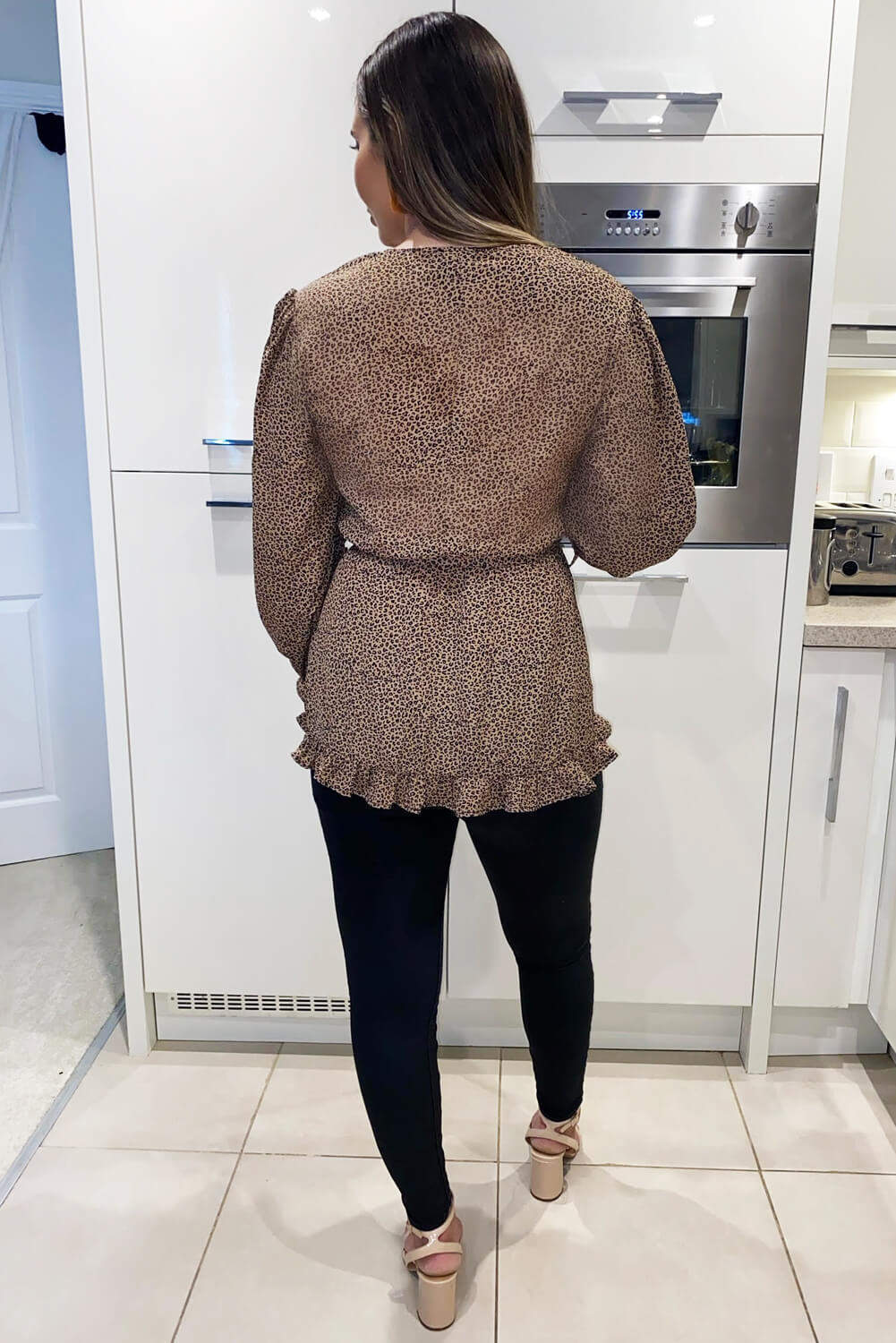 Camel Leopard Print Frill Wrap Top - Swimclubus