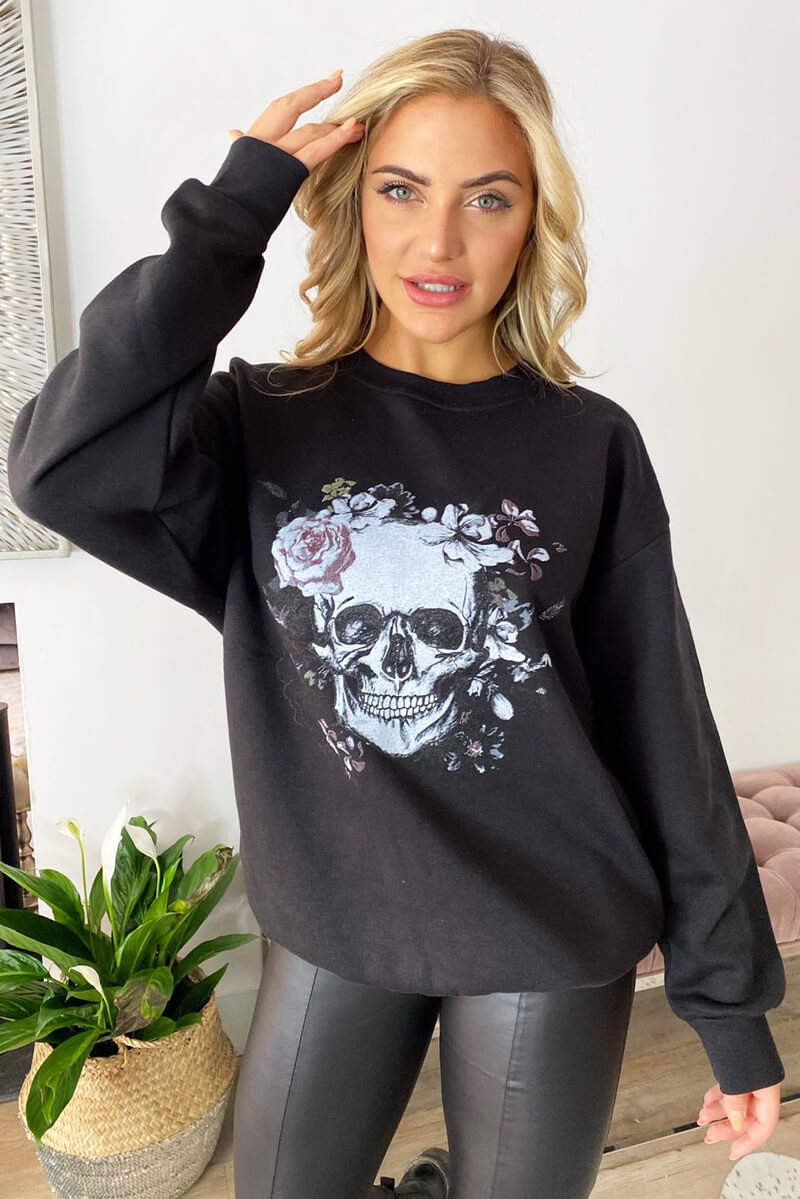 Black Skull Print Sweatshirt - Swimclubus