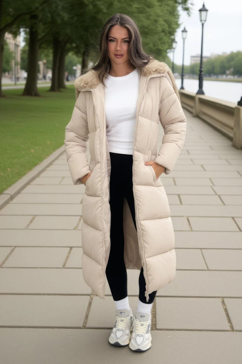 Cream Split Hood Longline Puffer Coat - Swimclubus