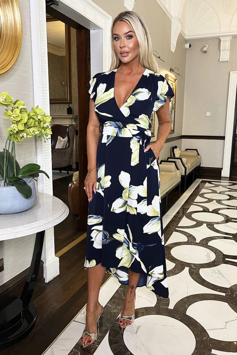 Navy Floral Print Short Sleeve Belted Wrap Midi Dress - Swimclubus