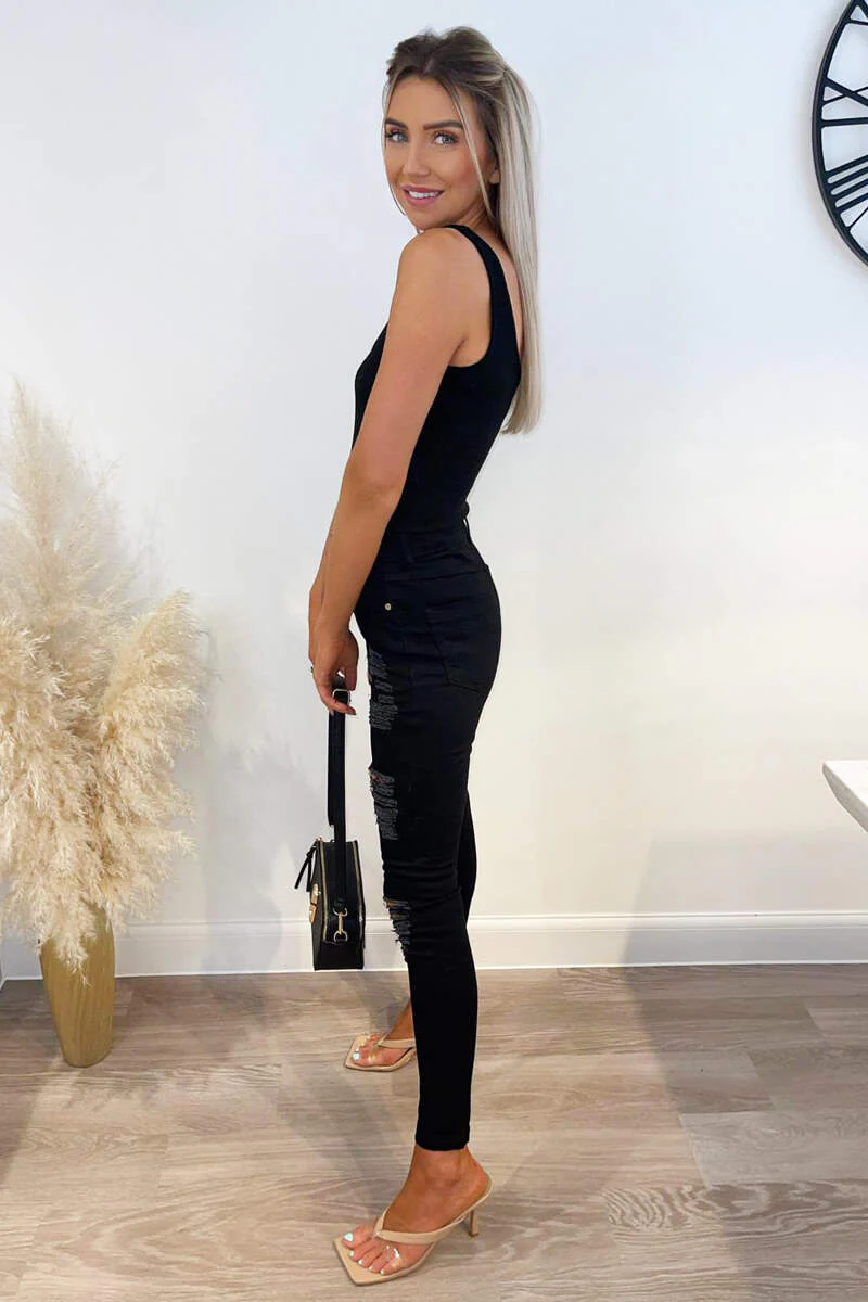 Black Ripped Skinny Fit Jeans - Swimclubus