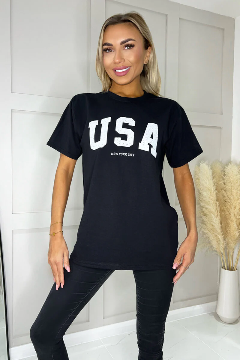 Black USA Slogan T- Shirt - Swimclubus