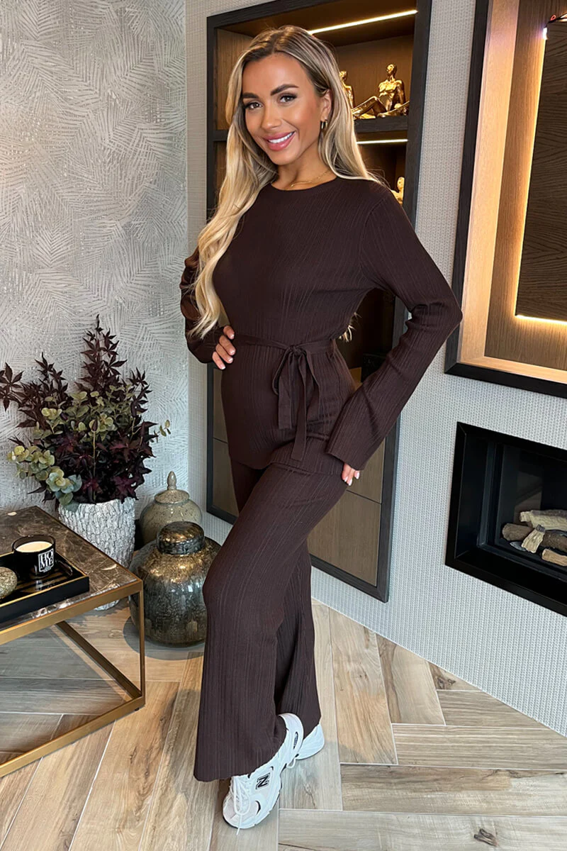 Chocolate Ribbed Tie Waist Flared Leg Co-ord - Swimclubus
