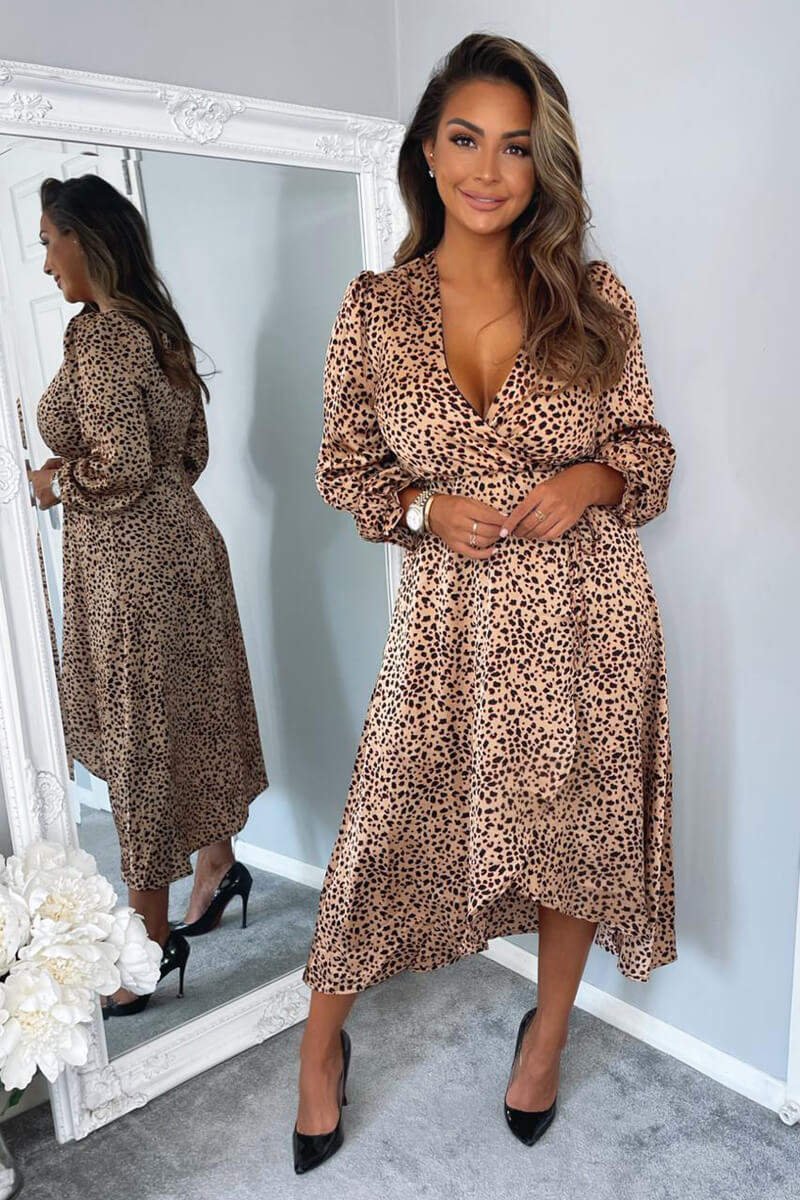 Red Animal Print Tie Side Wrap Over Midi Dress - Swimclubus