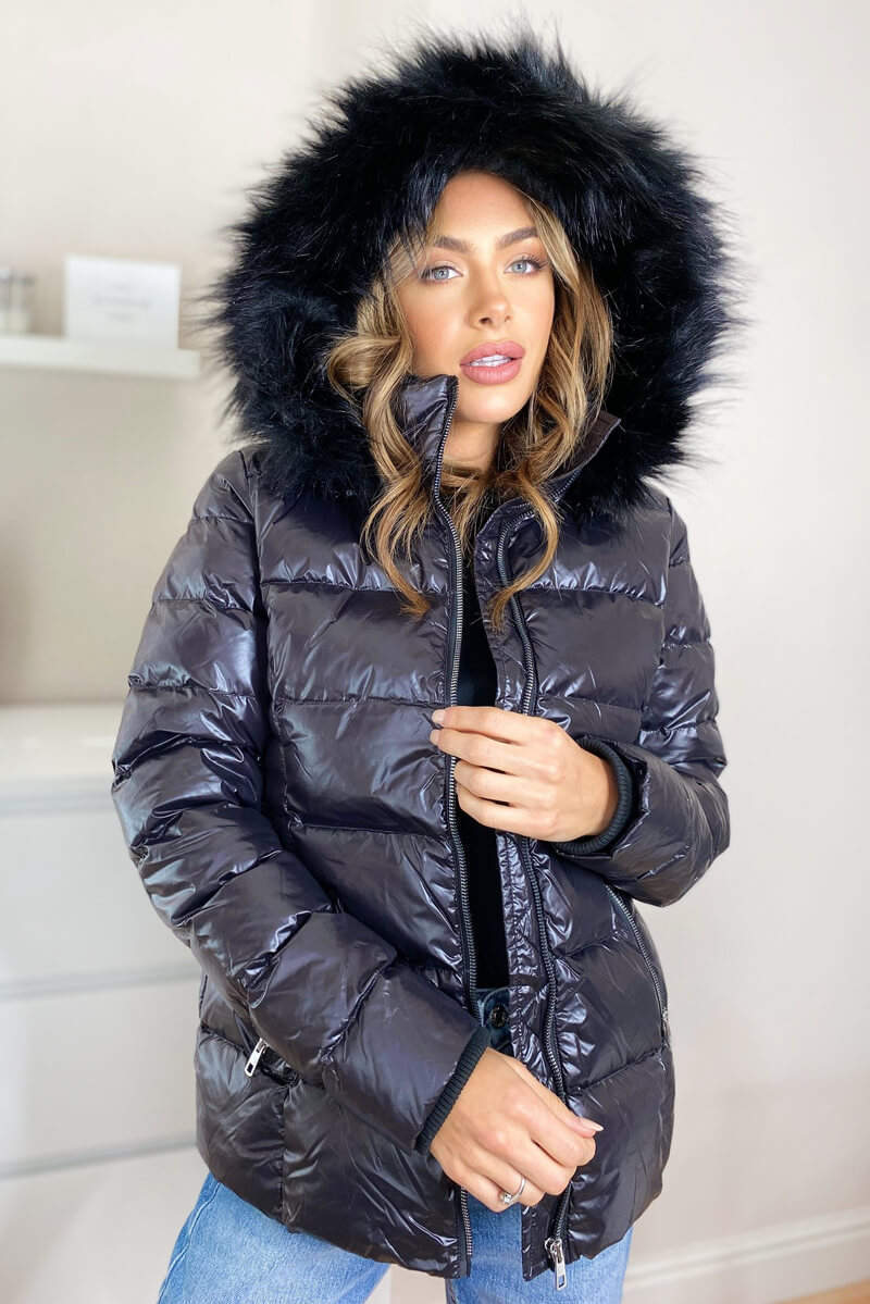 Black Faux Fur Wet Look Coat - Swimclubus