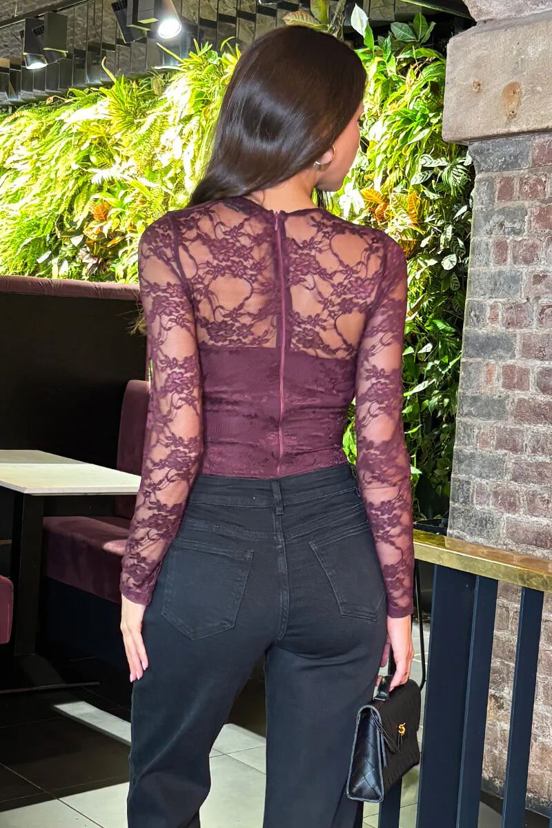 Plum Lace Overlay Long Sleeve Bodysuit - Swimclubus
