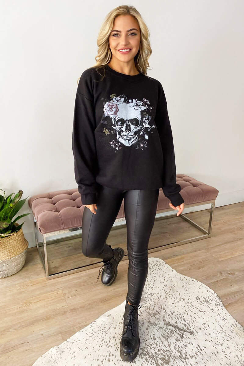 Black Skull Print Sweatshirt - Swimclubus