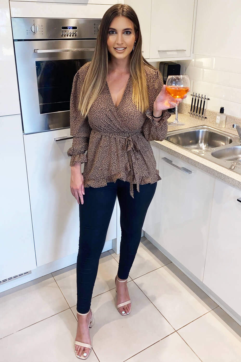 Camel Leopard Print Frill Wrap Top - Swimclubus