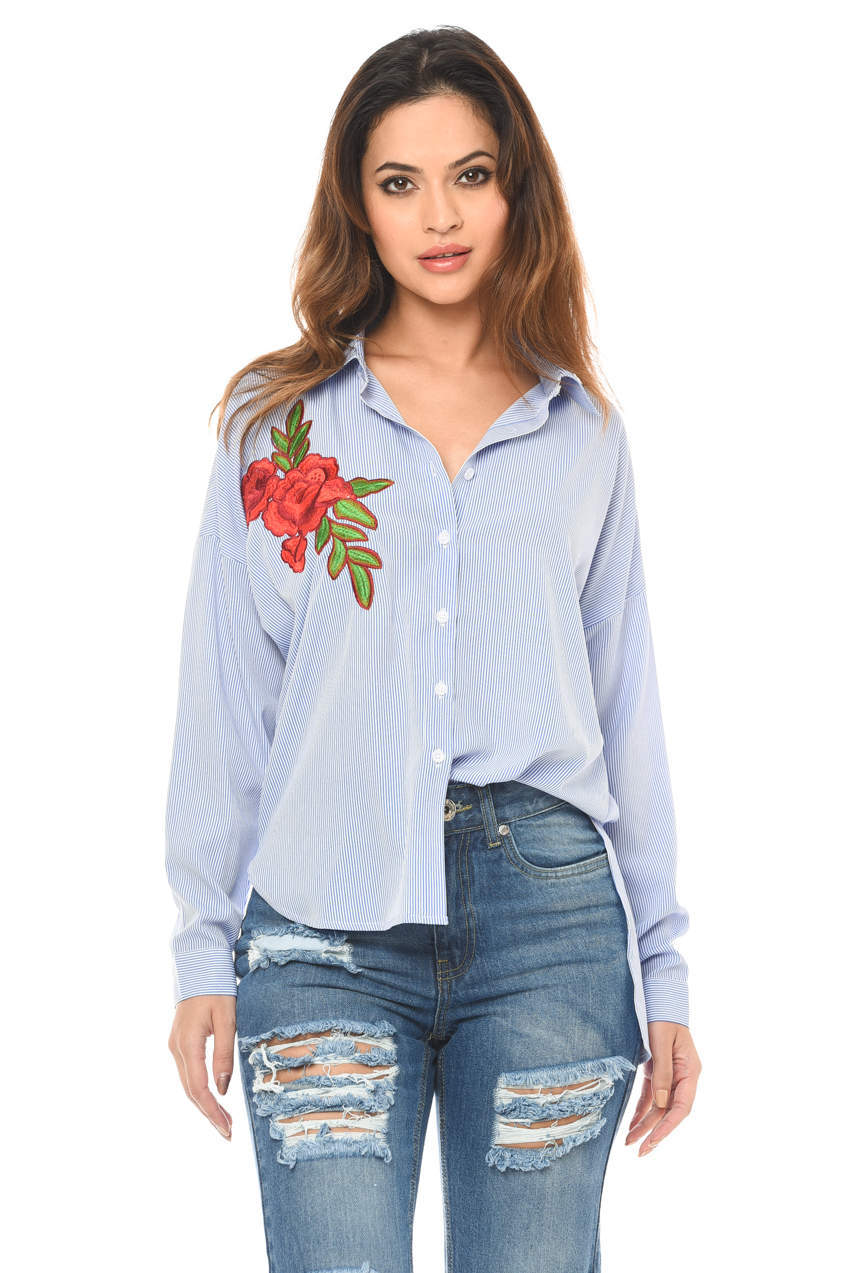 Stripey Rose Embroidered Shirt - Swimclubus