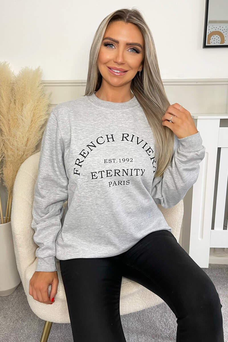 Grey French Riviera Slogan Sweatshirt - Swimclubus