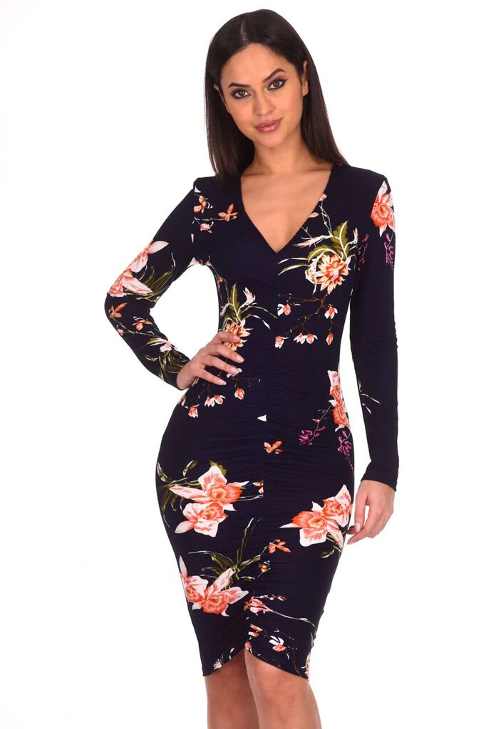 Navy Floral Sleeved Midi Dress - Swimclubus