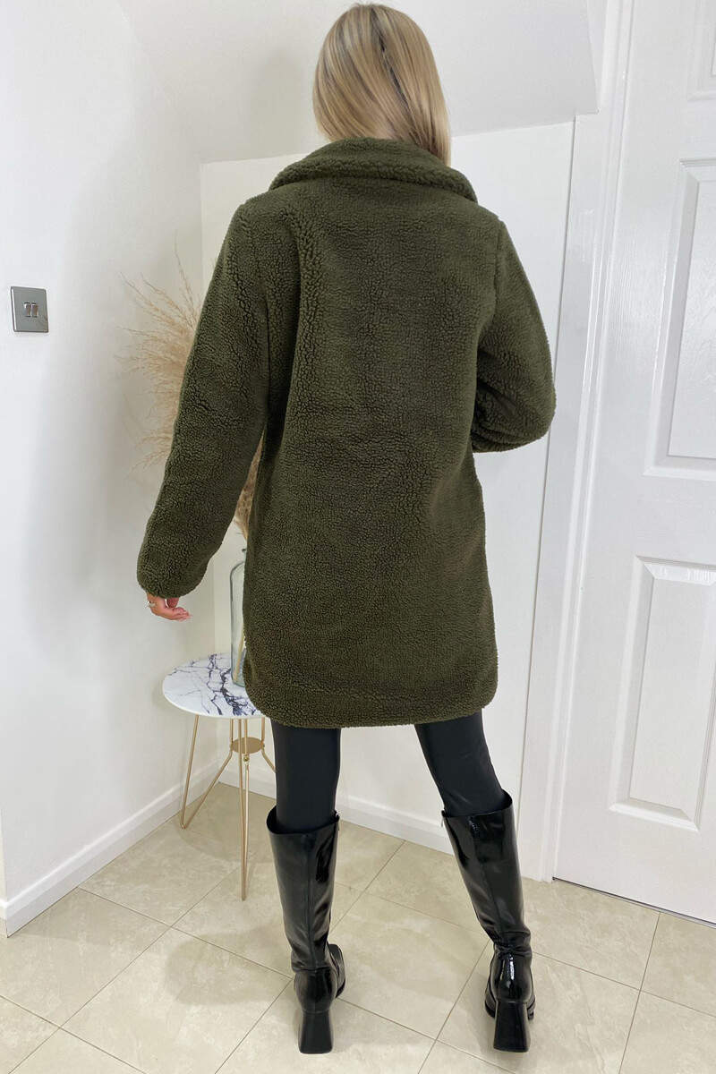 Khaki Teddy Faux Fur Coat With Collar - Swimclubus