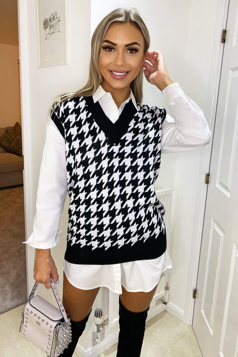 Black and White Dogtooth Knitted Tank Top - Swimclubus