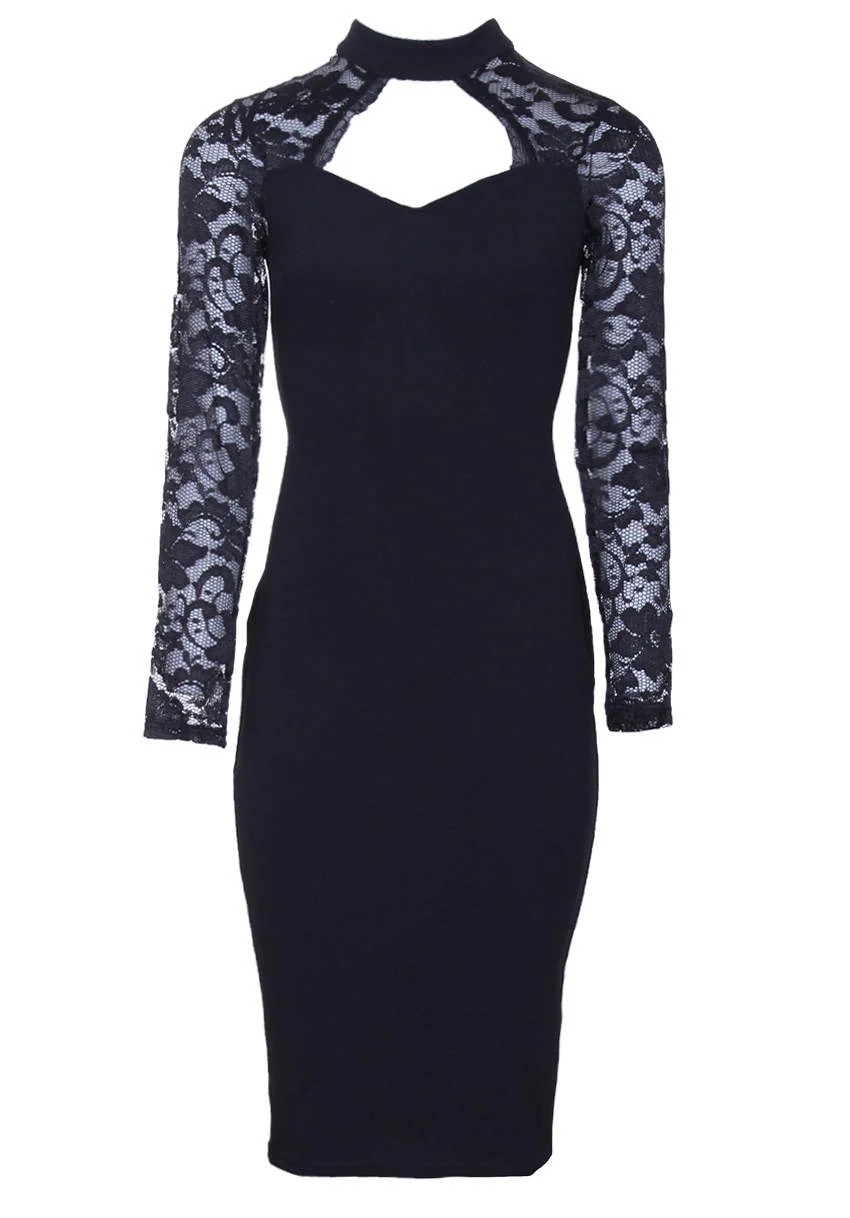 Black High Neck Lace Sleeve Midi Dress - Swimclubus
