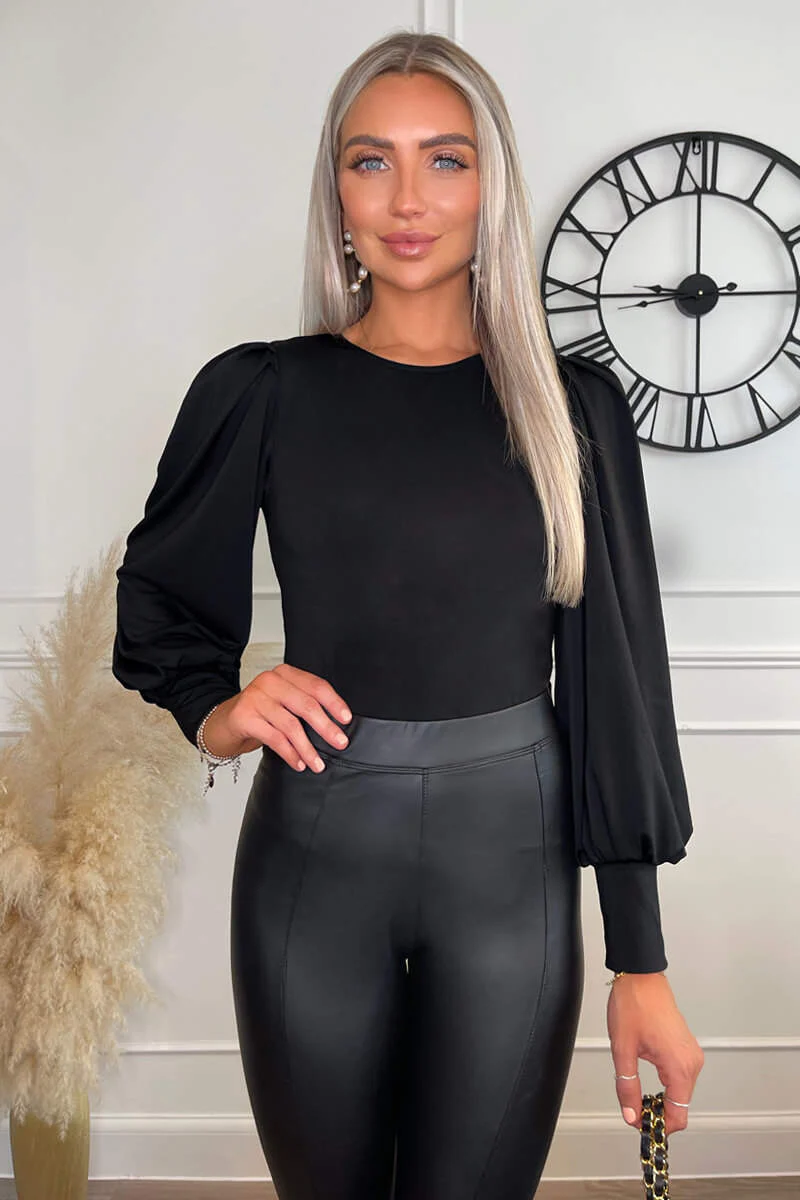 Black Round Neck Long Sleeve Bodysuit - Swimclubus