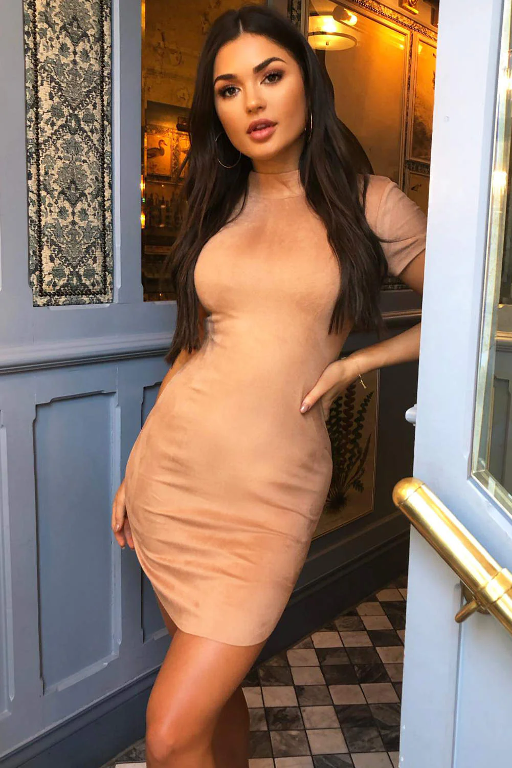 Mink Faux Suede Mini Dress with High Neck - Swimclubus