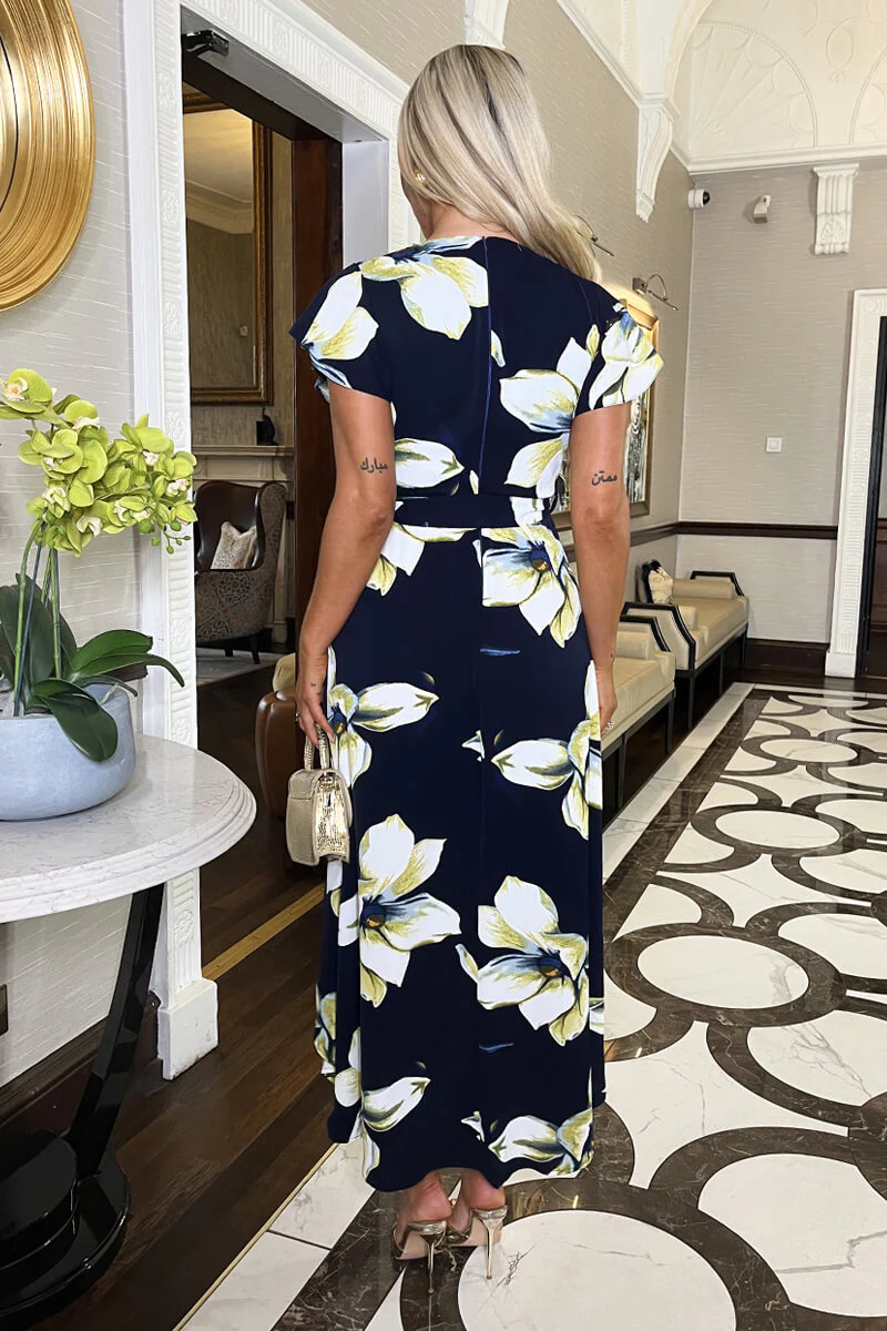 Navy Floral Print Short Sleeve Belted Wrap Midi Dress - Swimclubus