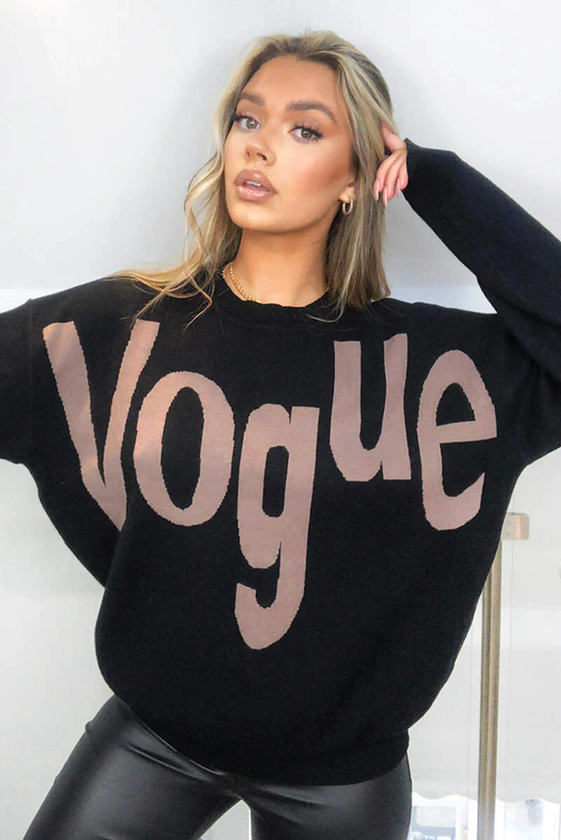 Black V Slogan Knitted Jumper - Swimclubus