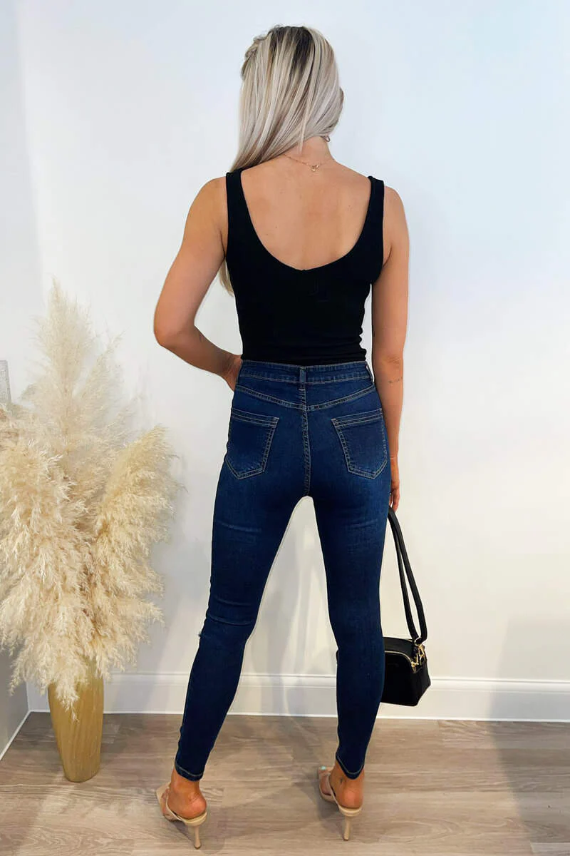 Dark Wash Ripped Knee Skinny Jeans - Swimclubus