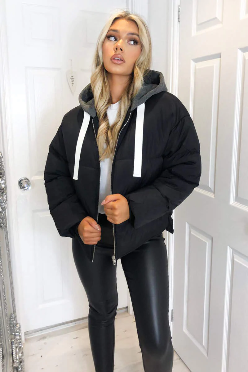 Black Fabric Hood Puffer Jacket - Swimclubus