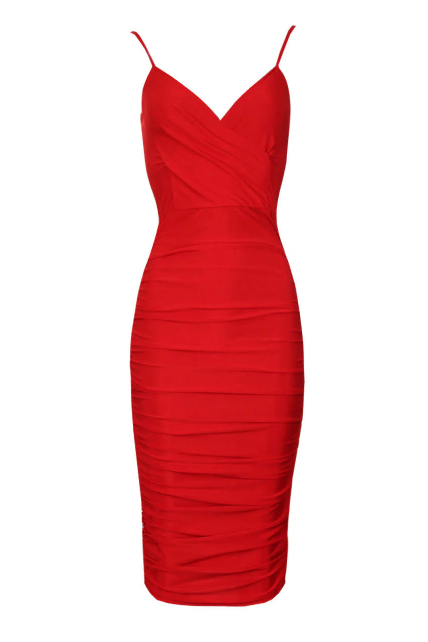 Red Ruched Midi Dress - Swimclubus