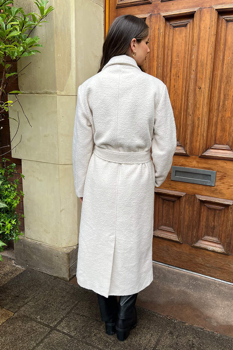 Cream Boucle Tie Belt Longline Trench Coat - Swimclubus