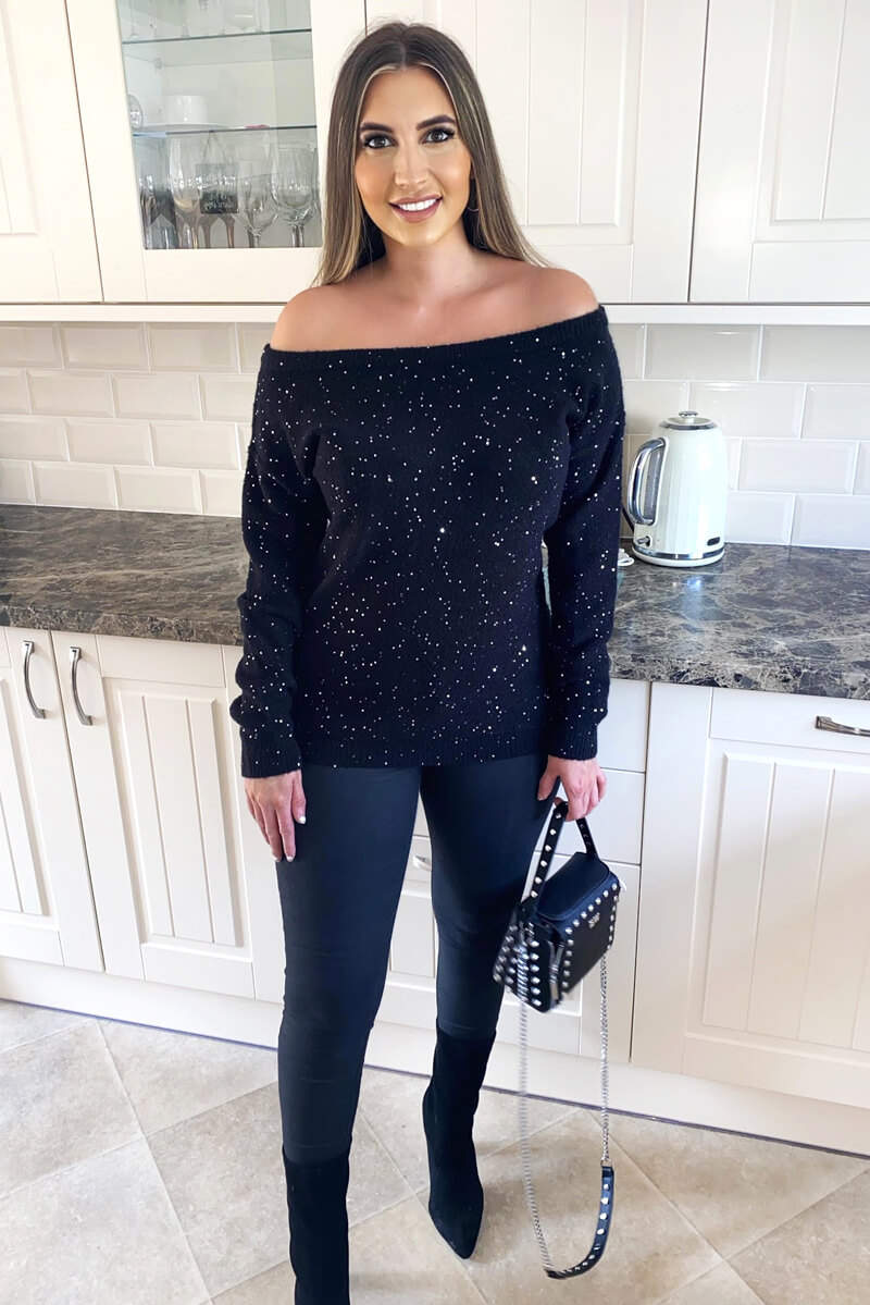 Black Sequin Off The Shoulder Knit Jumper - Swimclubus