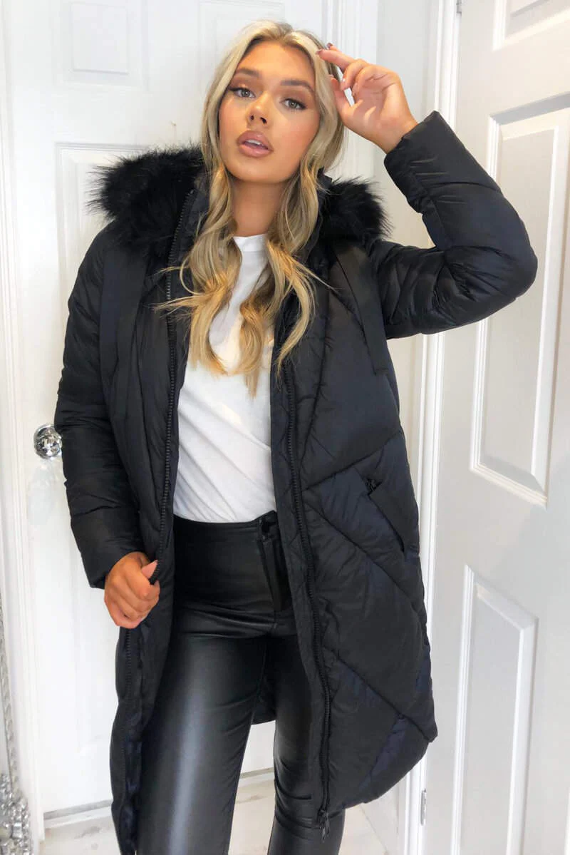 Black Faux Fur High Shine Coat - Swimclubus