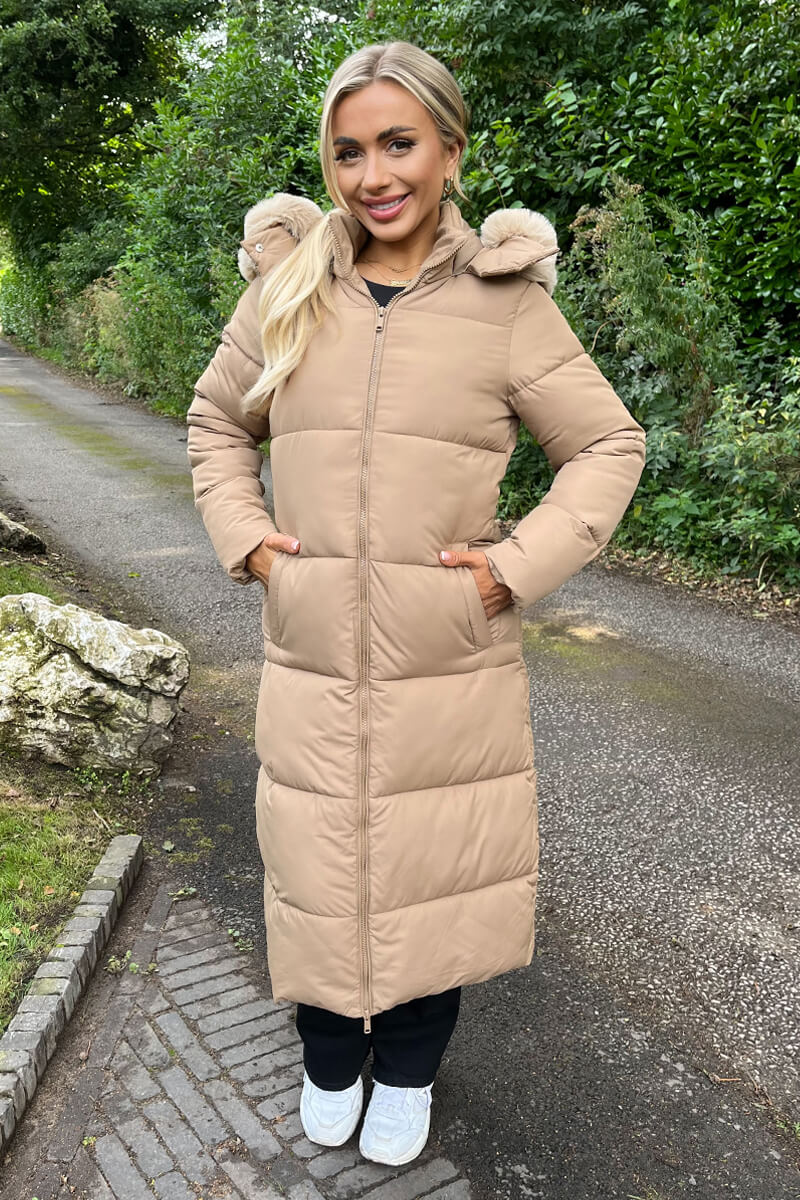 Biscuit Faux Fur Hooded Longline Padded Coat - Swimclubus