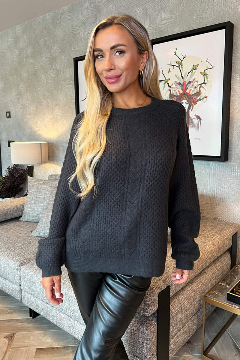 Anthracite Round Neck Cable Knit Jumper - Swimclubus