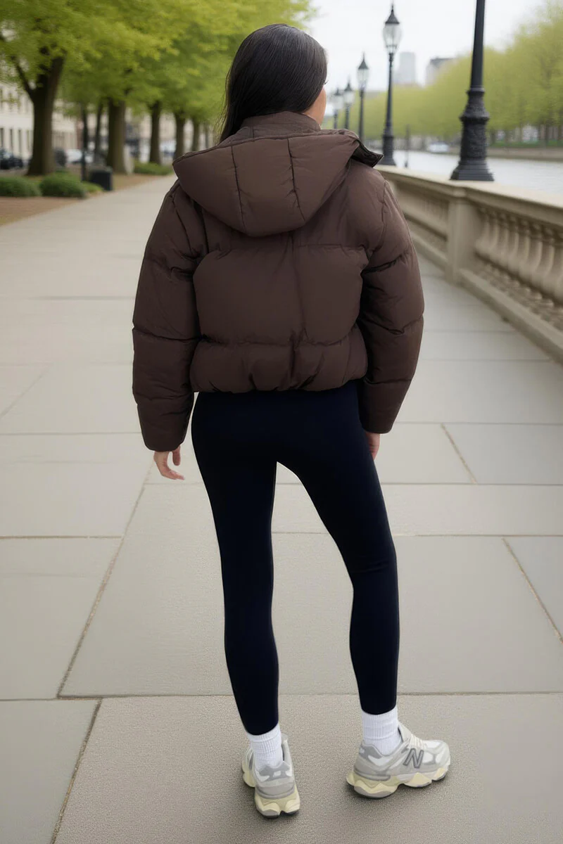 Chocolate Hooded Short Puffer Coat - Swimclubus