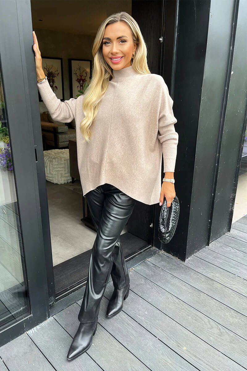 Oatmeal Oversized Mock Neck Jumper - Swimclubus