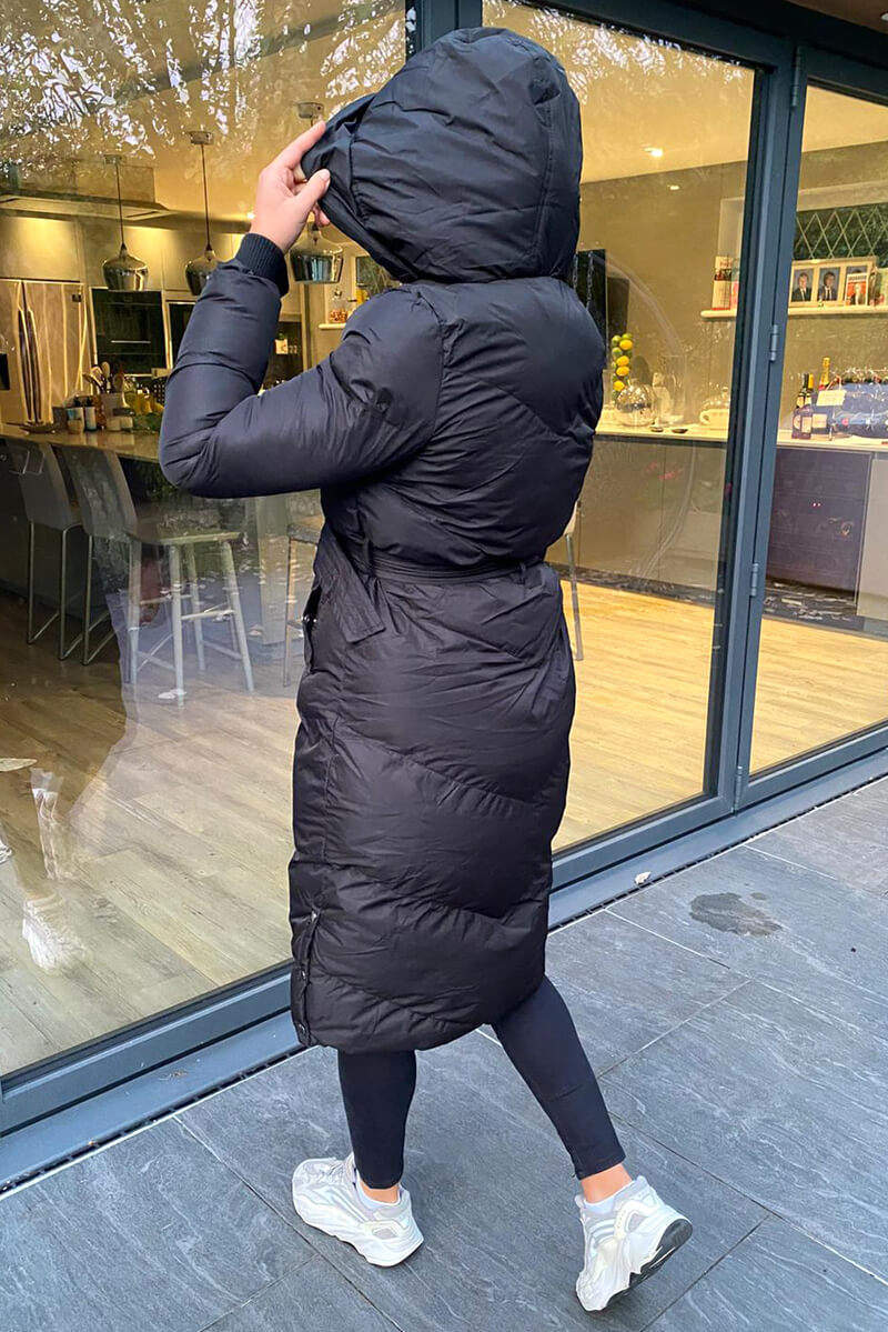 Black Belted Long Puffer Coat - Swimclubus