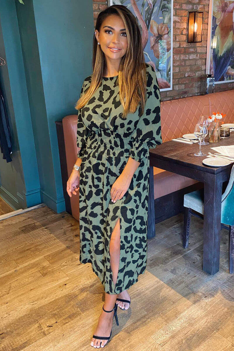 Khaki Printed Elasticated Waist Midi Dress - Swimclubus