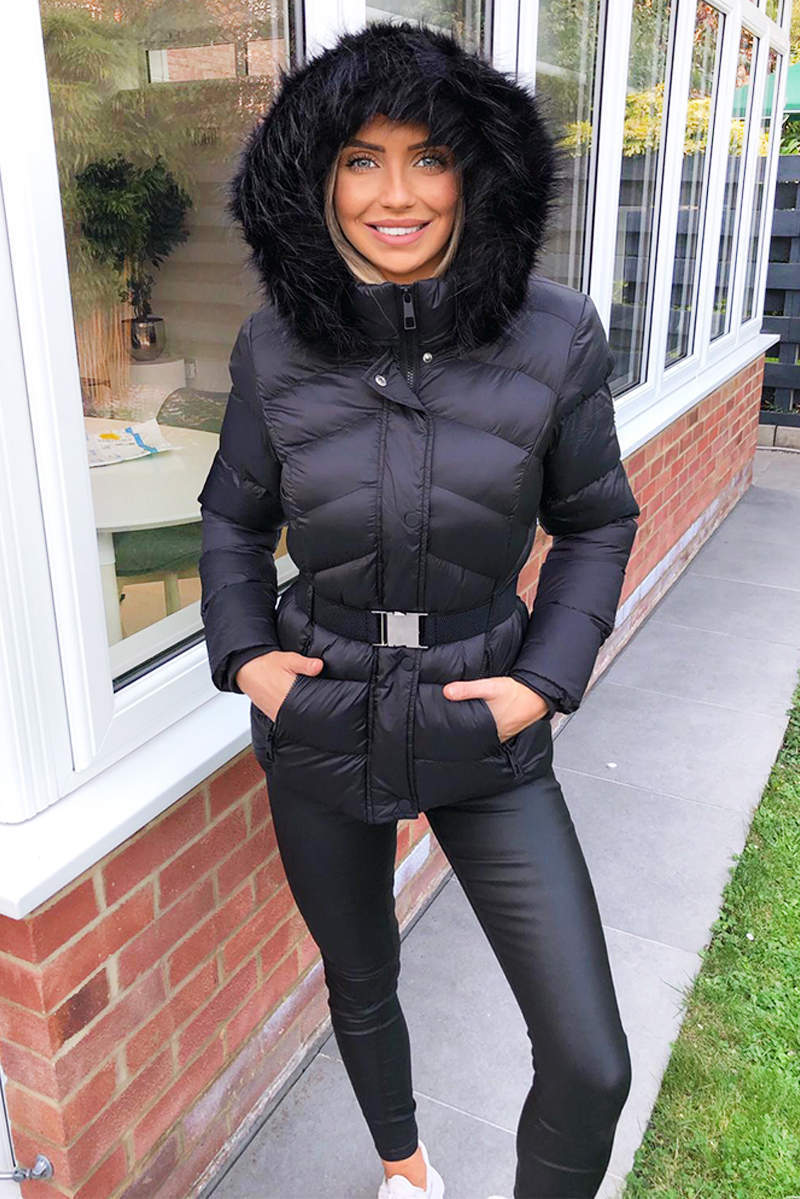 Black Padded Belted Puffer Jacket - Swimclubus