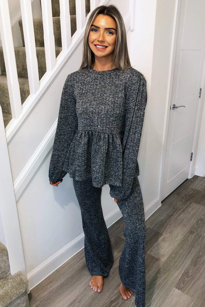 Grey Peplum Flared Leg Lounge Set - Swimclubus