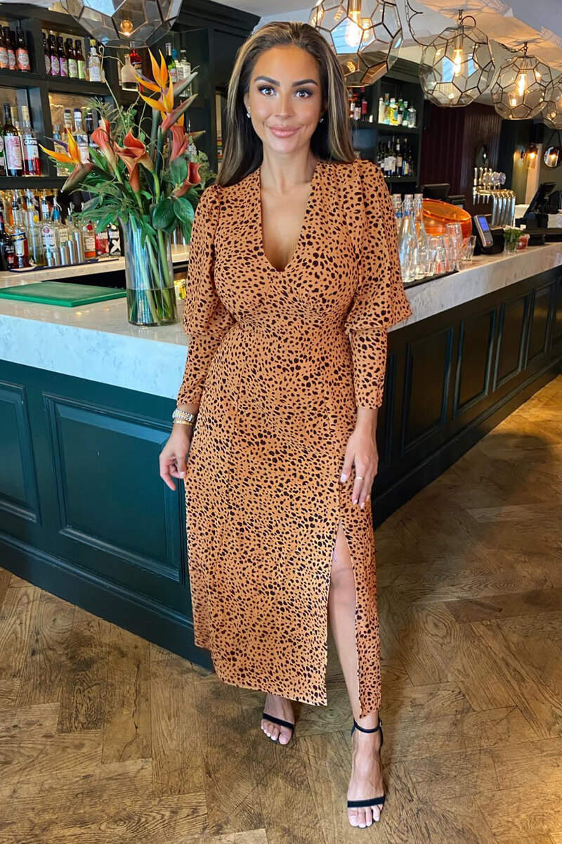 Tan Printed V-Neck Split Skirt Midi Dress - Swimclubus