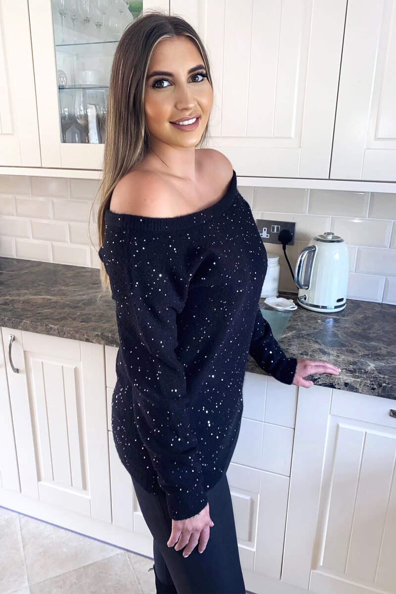 Black Sequin Off The Shoulder Knit Jumper - Swimclubus