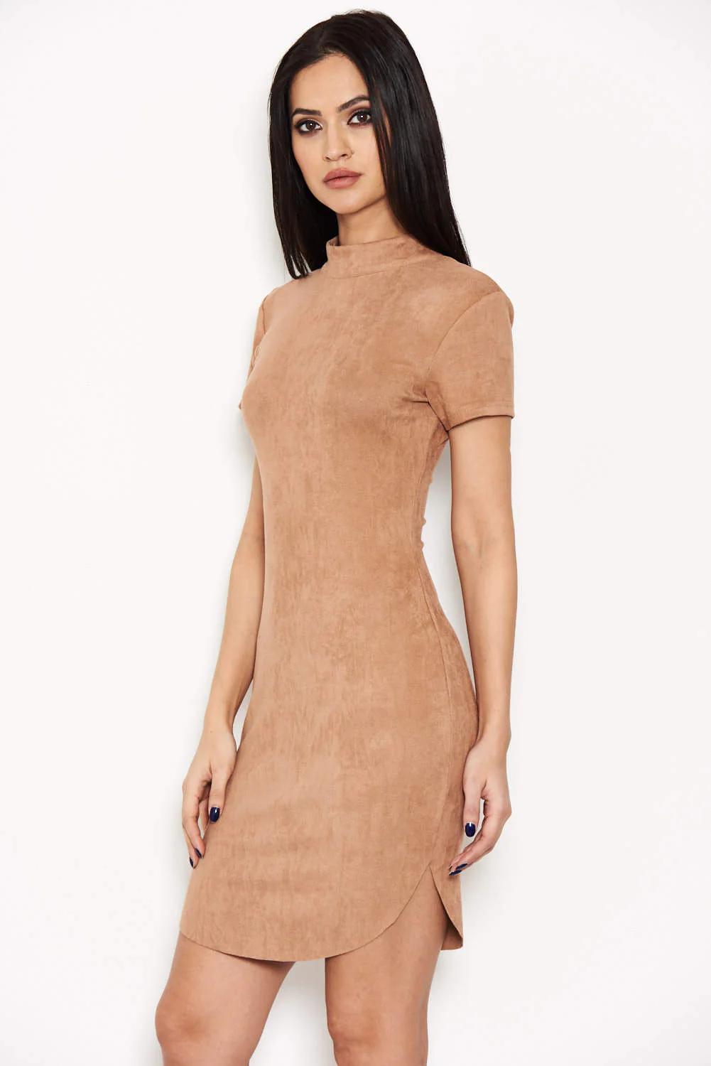 Mink Faux Suede Mini Dress with High Neck - Swimclubus