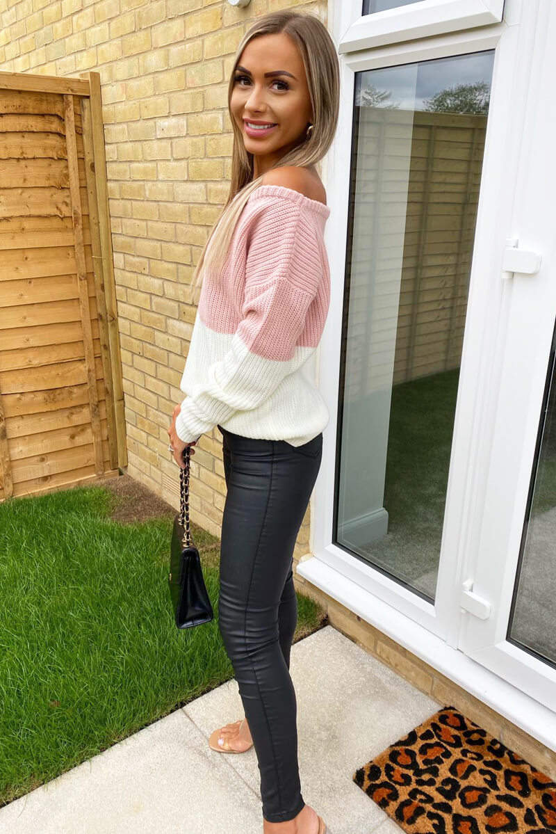 Pink And Cream Knit Off Shoulder Jumper - Swimclubus