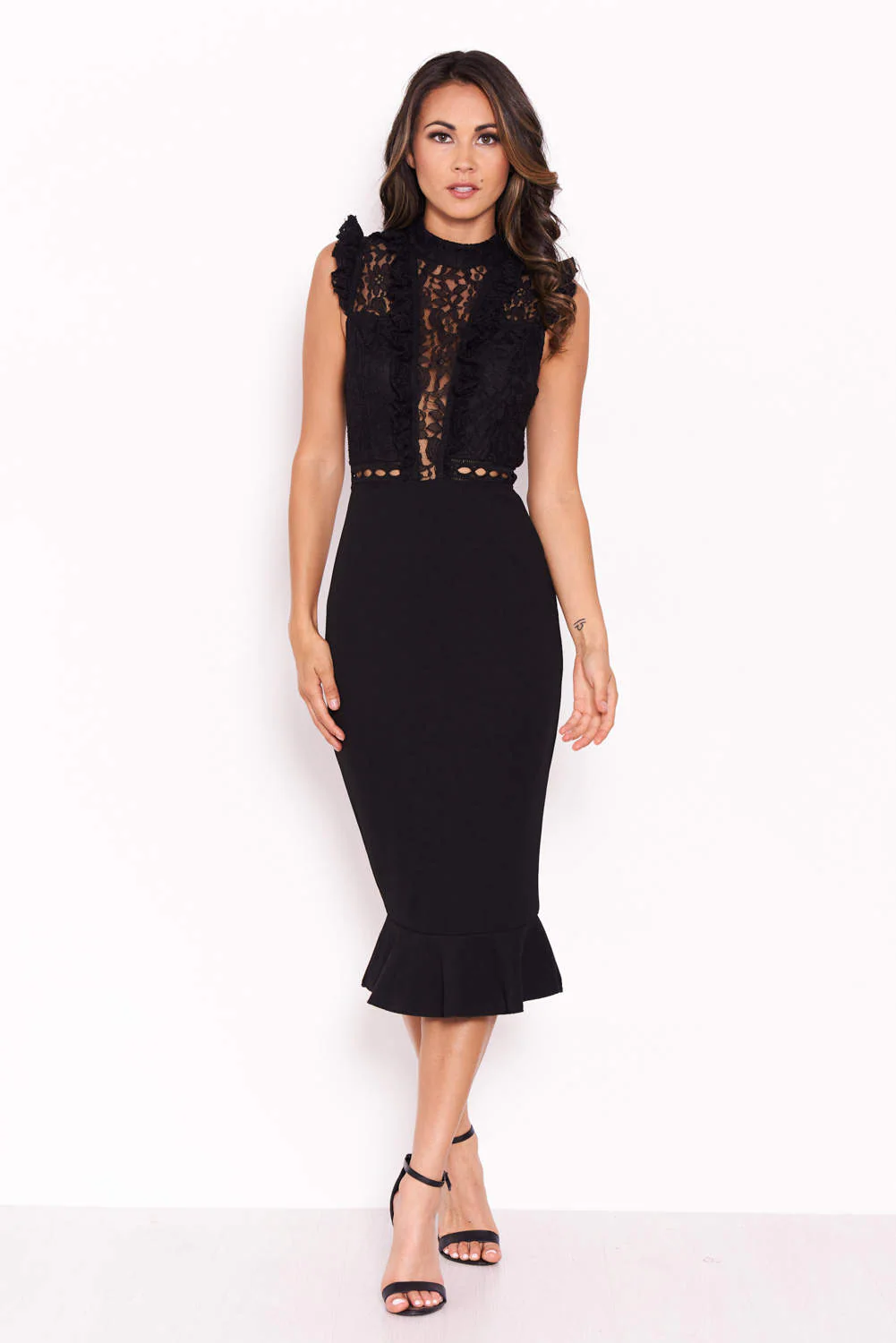 Black Lace Ruffle Hem And Sleeve Dress - Swimclubus