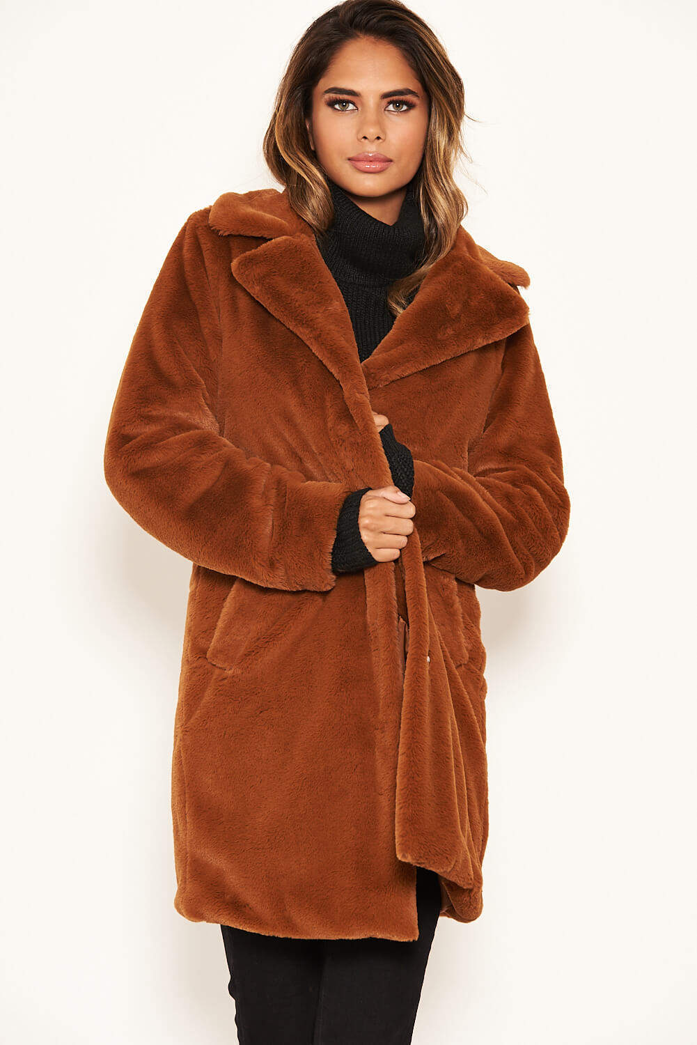 Rust Long Faux Fur Coat - Swimclubus