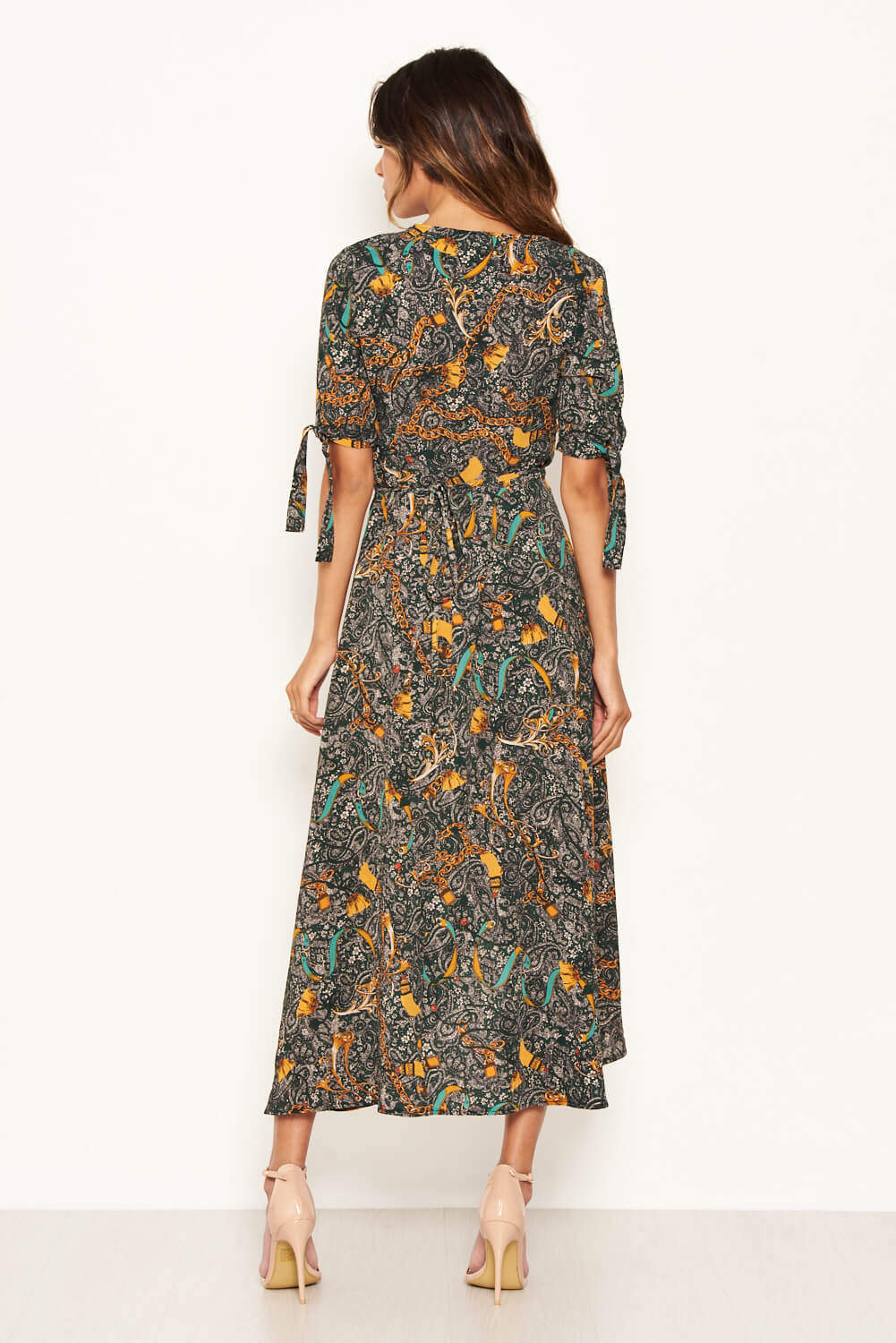 Green Printed Wrap Midi Dress With Tie Sleeves - Swimclubus