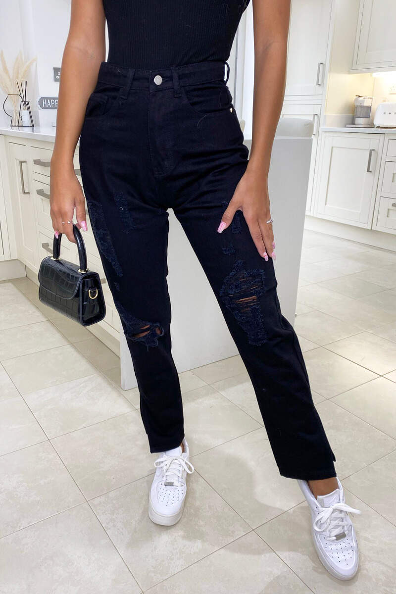 Black Ripped Split Hem Jeans - Swimclubus