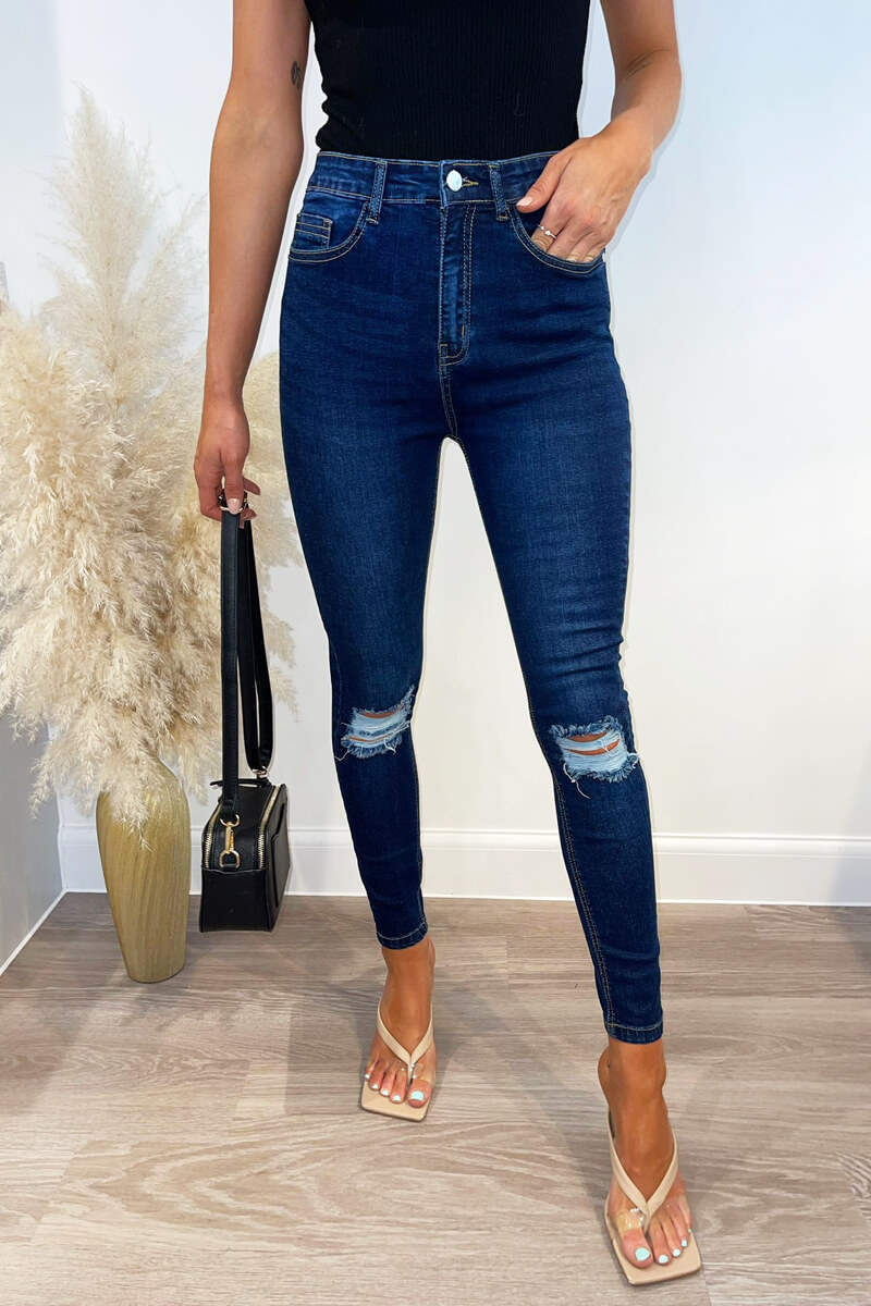 Dark Wash Ripped Knee Skinny Jeans - Swimclubus